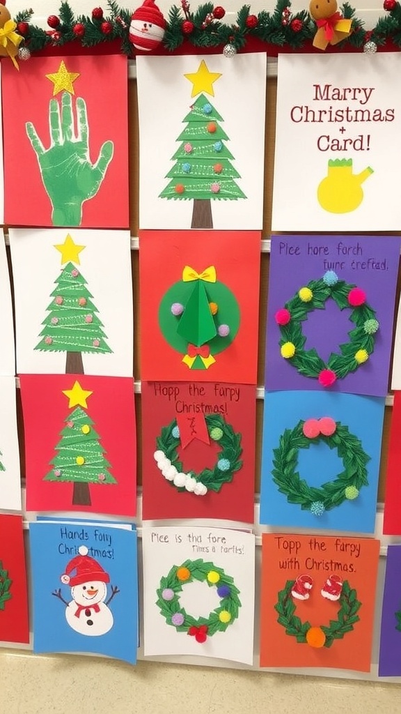 A collection of creative Christmas cards made by children, featuring trees, snowmen, and wreaths.